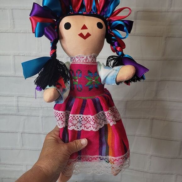 Traditional Handmade Mexican Otomi Lele Pink Rag Cloth Doll 14" Ribbon Soft Toy - Picture 11 of 11